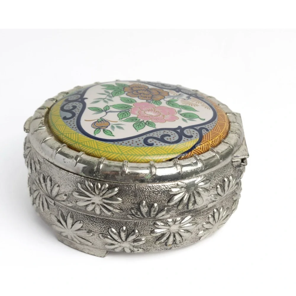 F.B. Rogers Silver Plated Trinket Box Floral Porcelain Lid Vintage